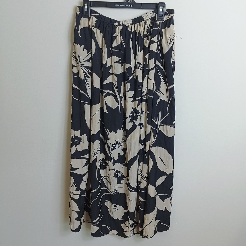 Elie Tahari Maxi Skirt Womens L Black Cream Floral Elastic Waist Pockets
